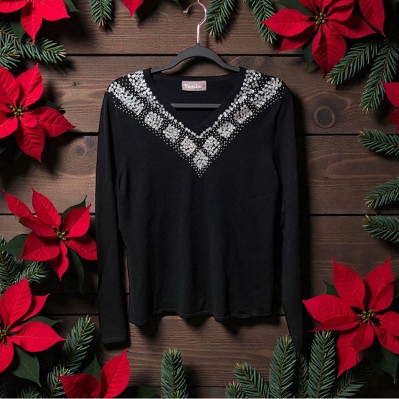 TanJay Black Sparkly Beaded V-neck Sweater - Picture 1 of 11